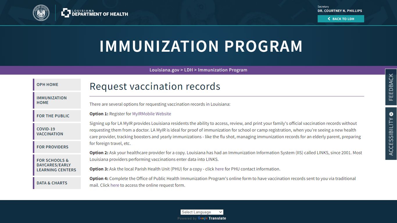 Request vaccination records | La Dept. of Health